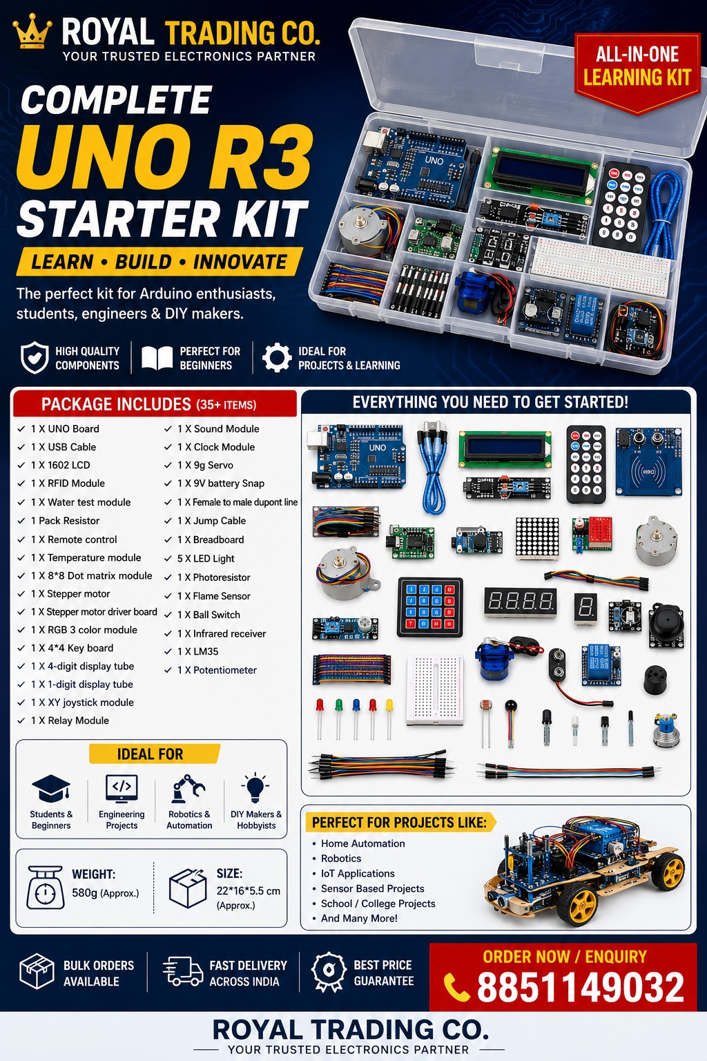 Arduino UNO R3 Starter Kit with Sensors LCD Display Breadboard Components